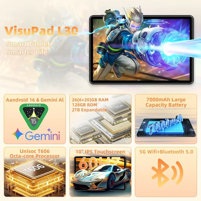 Alt view image 2 of 7 - 10-Inch Android 16 Tablet, 26GB RAM 128GB ROM 2TB Expand Octa-Core, 7000mAh Battery, 1280x800 IPS Touch Screen, 2+5MP Dual HD Camera, Bluetooth WiFiGray