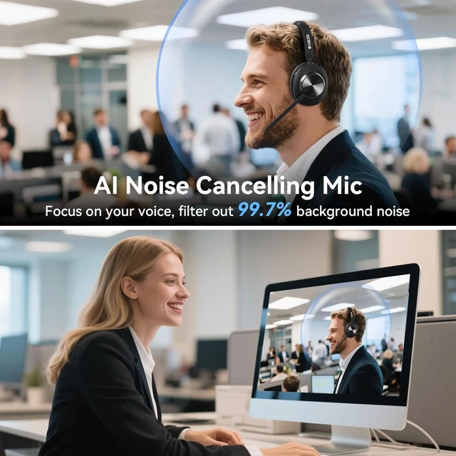 Alt view image 3 of 7 - Wireless Computer Headset with Noise-Cancelling Mic for Work Bluetooth V5.3 + USB Dongle, Mute Button & Long Battery Life for Zoom, Teams, Meetings & Home Office