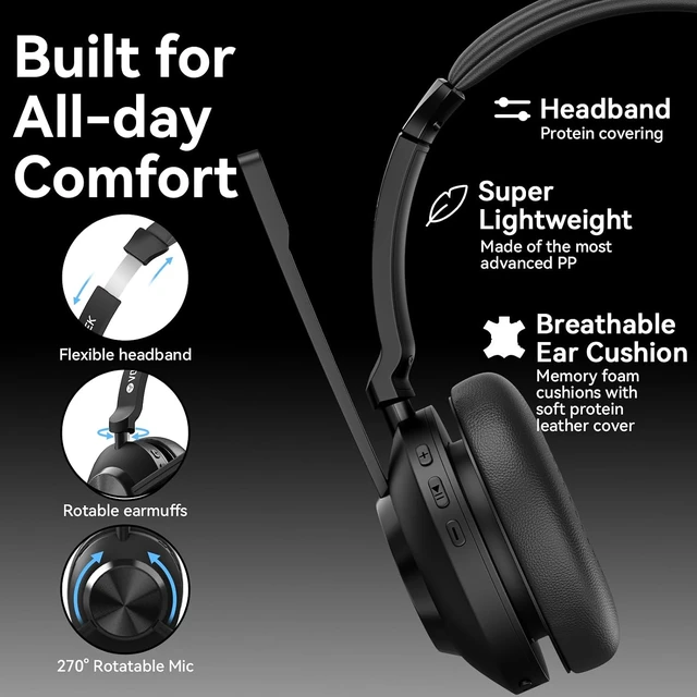 Alt view image 4 of 7 - Wireless Computer Headset with Noise-Cancelling Mic for Work Bluetooth V5.3 + USB Dongle, Mute Button & Long Battery Life for Zoom, Teams, Meetings & Home Office