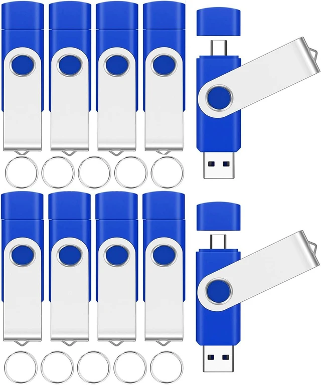 Main image of 10-Pack 4GB FAT32 USB 2.0 & Type-C Flash Drives, Bulk (Blue)