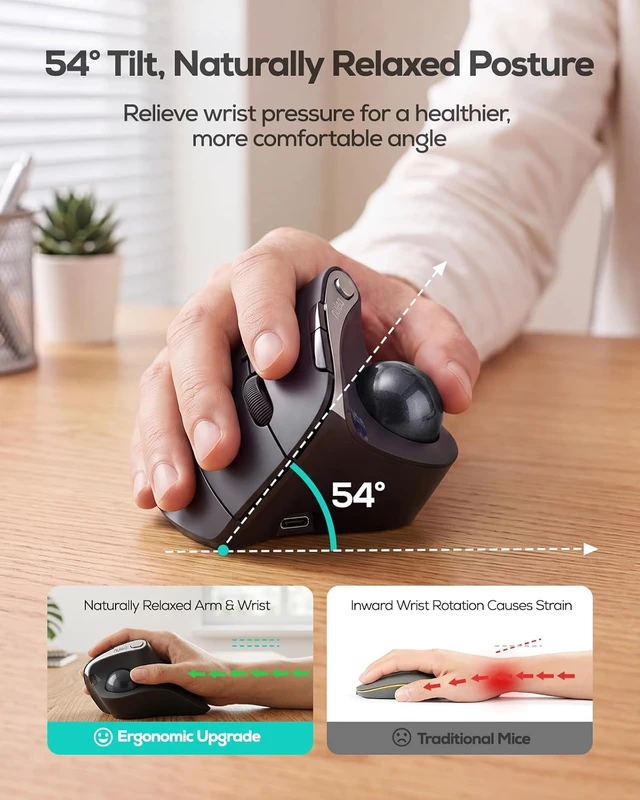 Alt view image 2 of 7 - 54° Vertical Ergonomic Wireless Trackball Mouse Thumb Control, Black