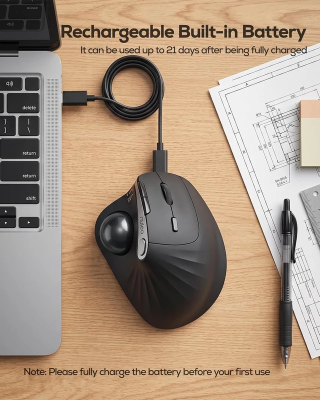 Alt view image 3 of 7 - 54° Vertical Ergonomic Wireless Trackball Mouse Thumb Control, Black