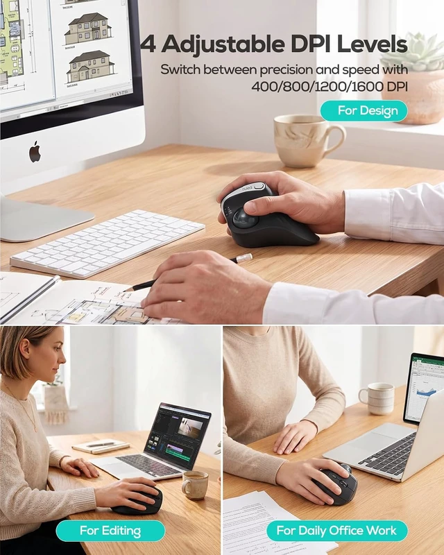 Alt view image 4 of 7 - 54° Vertical Ergonomic Wireless Trackball Mouse Thumb Control, Black