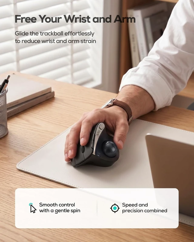 Alt view image 6 of 7 - 54° Vertical Ergonomic Wireless Trackball Mouse Thumb Control, Black