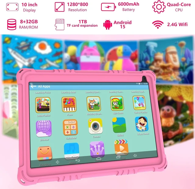 Alt view image 7 of 7 - 10-Inch Android 15 Kids Tablet 8GB RAM 32GB ROM 1TB Expand, Parental Control, IPS Screen, Dual Camera, Educational Games, Shockproof Case for Girls, Pink