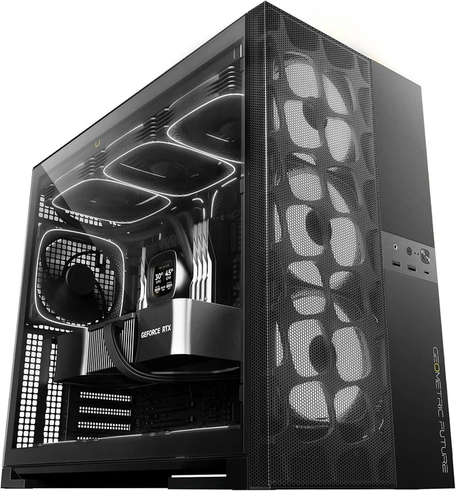 Main image of M5 Vent Tempered Glass Mid Tower E-ATX/ATX Gaming Case, High Airflow, 1.2mm Steel, Type-C, 420/360 Radiator Support, 5×ARGB PWM 140mm Fans Pre-Installed, Black, GEO-M5VF-B