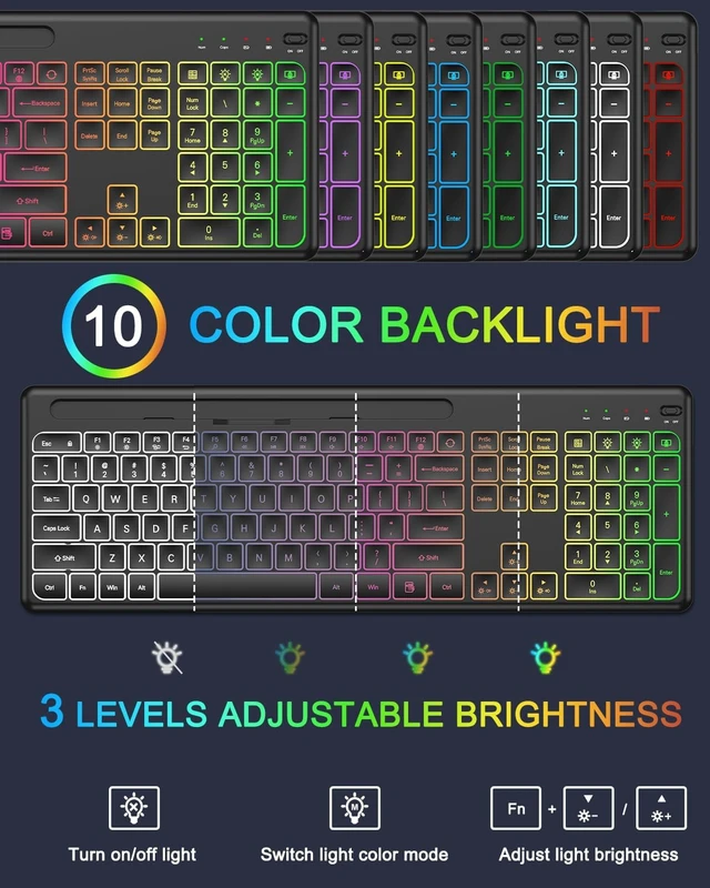 Alt view image 2 of 7 - Wireless Keyboard & Mouse Combo with 10-Color Backlit & Phone Holder