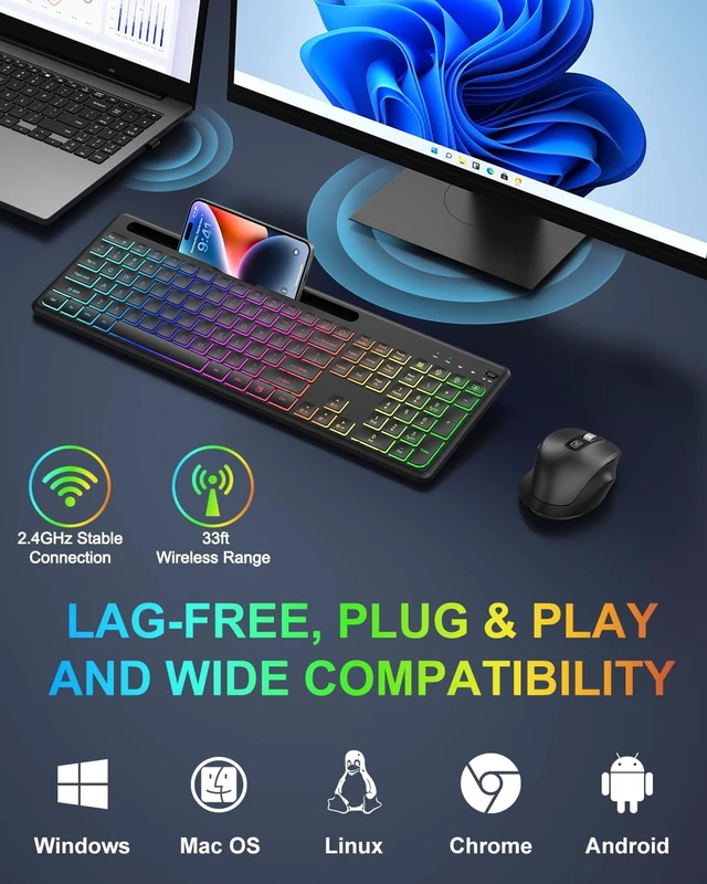 Alt view image 6 of 7 - Wireless Keyboard & Mouse Combo with 10-Color Backlit & Phone Holder