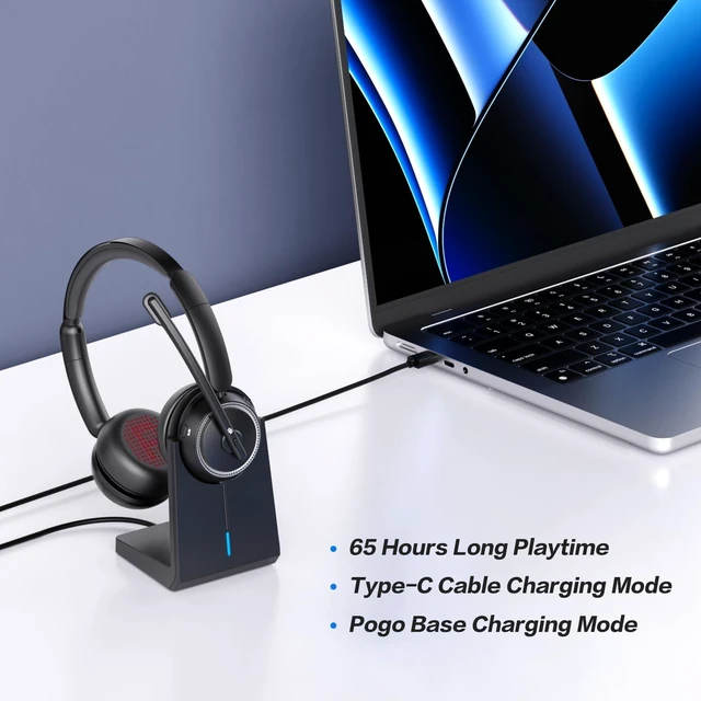 Alt view image 3 of 7 - Bluetooth Wireless Headset with Noise-Cancelling Mic & Mute Button for Work/Computer/PC/Laptop/Cell Phones, Call Center, Teams, Zoom & Home