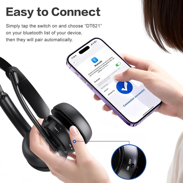 Alt view image 5 of 7 - Bluetooth Wireless Headset with Noise-Cancelling Mic & Mute Button for Work/Computer/PC/Laptop/Cell Phones, Call Center, Teams, Zoom & Home