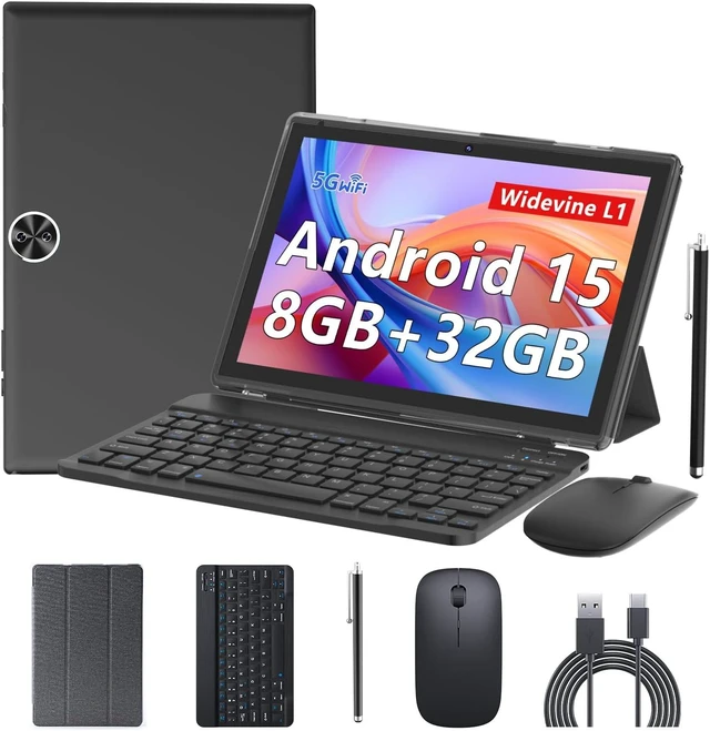 Main image of 10-Inch Android 14 2-in-1 Tablet with Keyboard 8GB + 64GB / 1TB Expand, Wi-Fi 6, Dual Camera, 6000mAh, BT, GMS, Games, with Case (Black)