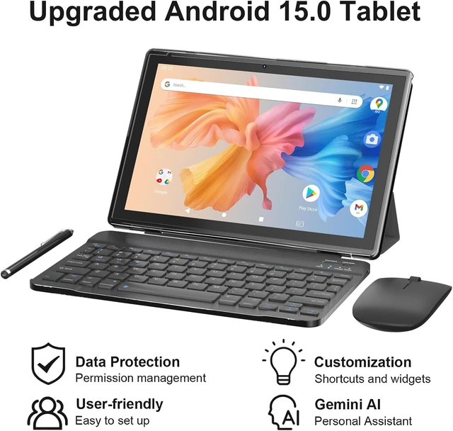 Alt view image 2 of 7 - 10-Inch Android 14 2-in-1 Tablet with Keyboard 8GB + 64GB / 1TB Expand, Wi-Fi 6, Dual Camera, 6000mAh, BT, GMS, Games, with Case (Black)