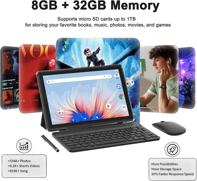 Alt view image 5 of 7 - 10-Inch Android 14 2-in-1 Tablet with Keyboard 8GB + 64GB / 1TB Expand, Wi-Fi 6, Dual Camera, 6000mAh, BT, GMS, Games, with Case (Black)