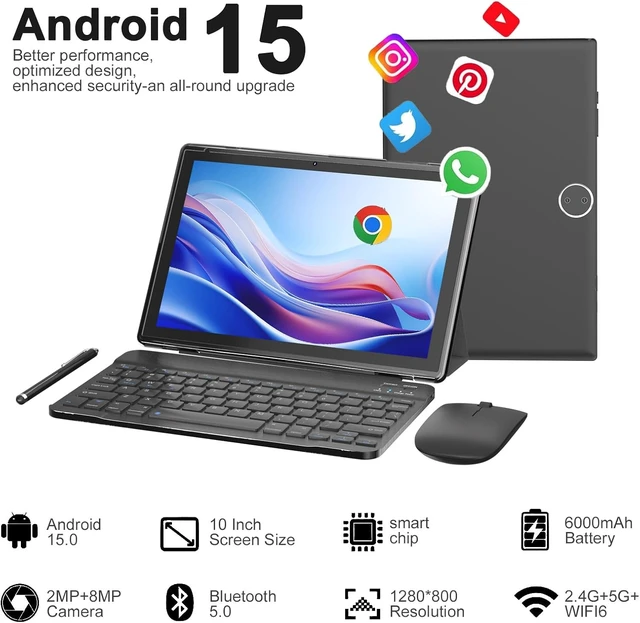 Alt view image 3 of 7 - 10-Inch Android 14 2-in-1 Tablet with Keyboard 8GB + 64GB / 1TB Expand, Wi-Fi 6, Dual Camera, 6000mAh, BT, GMS, Games, with Case (Black)