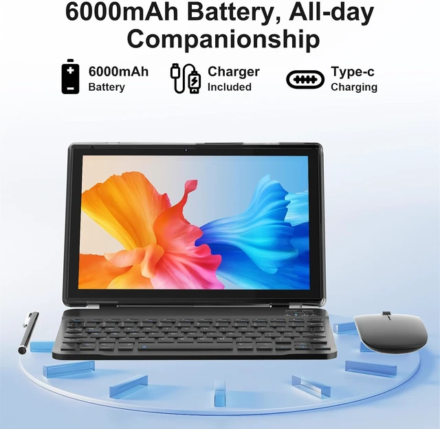 Alt view image 7 of 7 - 10-Inch Android 14 2-in-1 Tablet with Keyboard 8GB + 64GB / 1TB Expand, Wi-Fi 6, Dual Camera, 6000mAh, BT, GMS, Games, with Case (Black)