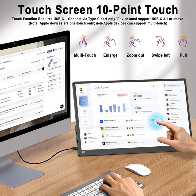 Alt view image 3 of 7 - 15.6'' 2.5K QHD 2880x1620 Portable Touchscreen Monitor 100Hz, 300 Nits, 100% sRGB IPS, HDR FreeSync, USB-C/HDMI Second Screen for Laptop, PC, Phone, Switch & PS3/4/5