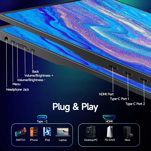 Alt view image 7 of 7 - 15.6" USB-C/HDMI Portable Monitor Laptop Screen Extender