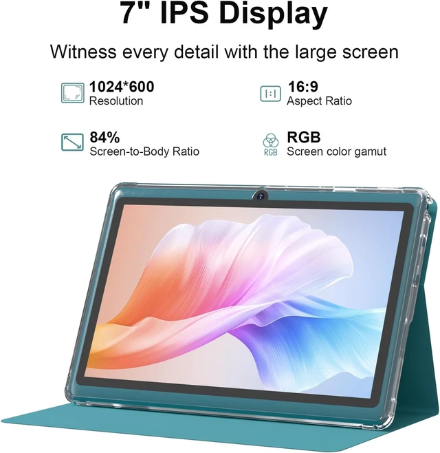 Alt view image 3 of 7 - 7-Inch Android 14 Tablet HD IPS Touchscreen, Quad-Core, 8GB (5GB Expansion) RAM32GB ROM 1TB Expand, 2MP+5MP Dual Camera, WiFi 6, Bluetooth, 3000mAh Battery, with Case (Navy Blue)