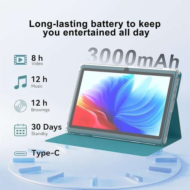 Alt view image 4 of 7 - 7-Inch Android 14 Tablet HD IPS Touchscreen, Quad-Core, 8GB (5GB Expansion) RAM32GB ROM 1TB Expand, 2MP+5MP Dual Camera, WiFi 6, Bluetooth, 3000mAh Battery, with Case (Navy Blue)