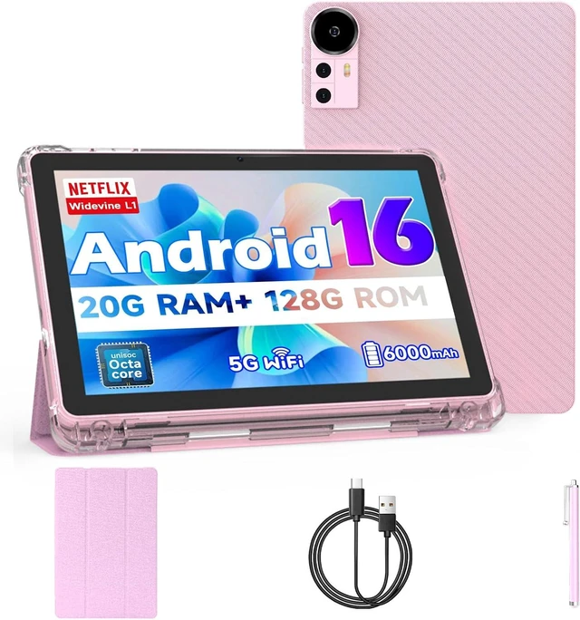 Main image of 10-Inch Android 16 Tablet, 20GB RAM 128GB ROM 2TB Expand 2.0GHz Octa-Core CPU, 5G WiFi6, BT5.0, 6000mAh, Dual Camera, Widevine L1, GMS, with Case & Stylus, Pink