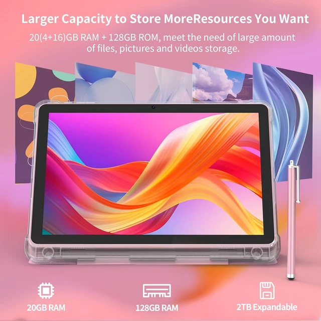 Alt view image 4 of 7 - 10-Inch Android 16 Tablet, 20GB RAM 128GB ROM 2TB Expand 2.0GHz Octa-Core CPU, 5G WiFi6, BT5.0, 6000mAh, Dual Camera, Widevine L1, GMS, with Case & Stylus, Pink
