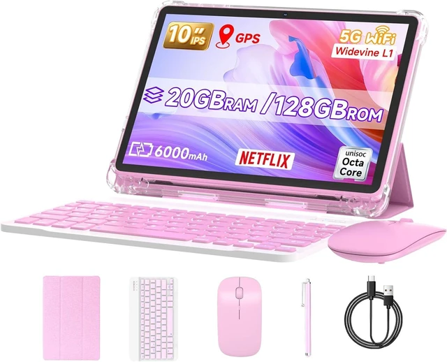 Main image of 10-Inch 128GB Android 16.0 Tablet DDR4 4GB RAM + 16GB Extend, 20GB ROM, 2MP+8MP Dual Camera, 2.4G+5G WiFi, Bluetooth, 1TB Expand, IPS (Pink)