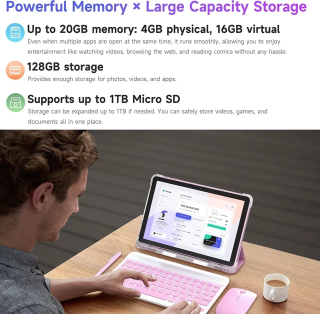 Alt view image 4 of 6 - 10-Inch 128GB Android 16.0 Tablet DDR4 4GB RAM + 16GB Extend, 20GB ROM, 2MP+8MP Dual Camera, 2.4G+5G WiFi, Bluetooth, 1TB Expand, IPS (Pink)