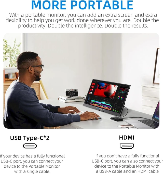 Alt view image 7 of 7 - 15.6" 1080P FHD Portable Monitor USB-C/HDMI External Display, 250nit IPS HDR Travel Screen with Smart Stand & Speakers for Laptop, PC, Mac, Phone, Xbox & Switch