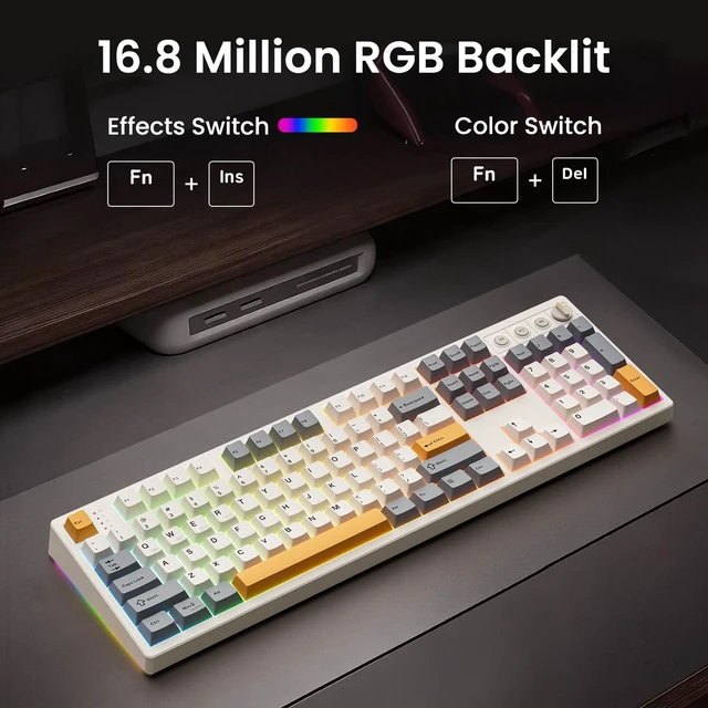 Alt view image 4 of 7 - KN104 Wireless Mechanical Keyboard 100% Full-Size with Knob, Bluetooth/2.4GHz/USB-C, Custom RGB Backlit, Hot-Swappable Linear Switches, Creamy Sound for Gaming/Typing (Retro Beige)