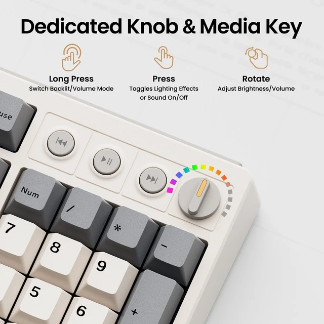 Alt view image 5 of 7 - KN104 Wireless Mechanical Keyboard 100% Full-Size with Knob, Bluetooth/2.4GHz/USB-C, Custom RGB Backlit, Hot-Swappable Linear Switches, Creamy Sound for Gaming/Typing (Retro Beige)