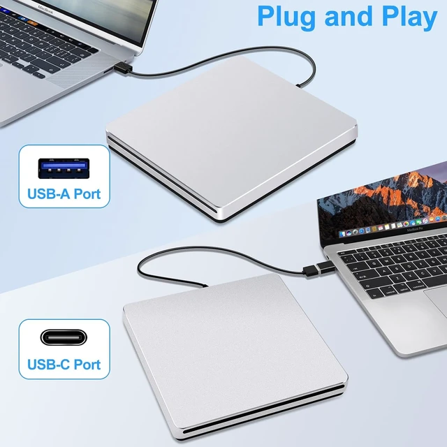 Alt view image 2 of 7 - USB 3.0 External CD/DVD SuperDrive for Mac & MacBook Plug & Play Portable Burner for Laptop/PC/Windows, with USB-C Adapter & Carrying Case, Aluminum Silver