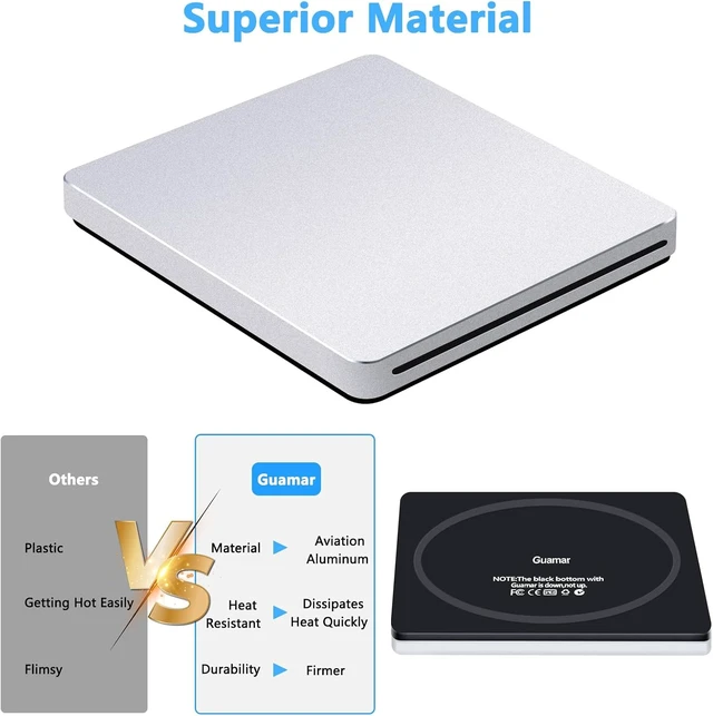 Alt view image 3 of 7 - USB 3.0 External CD/DVD SuperDrive for Mac & MacBook Plug & Play Portable Burner for Laptop/PC/Windows, with USB-C Adapter & Carrying Case, Aluminum Silver