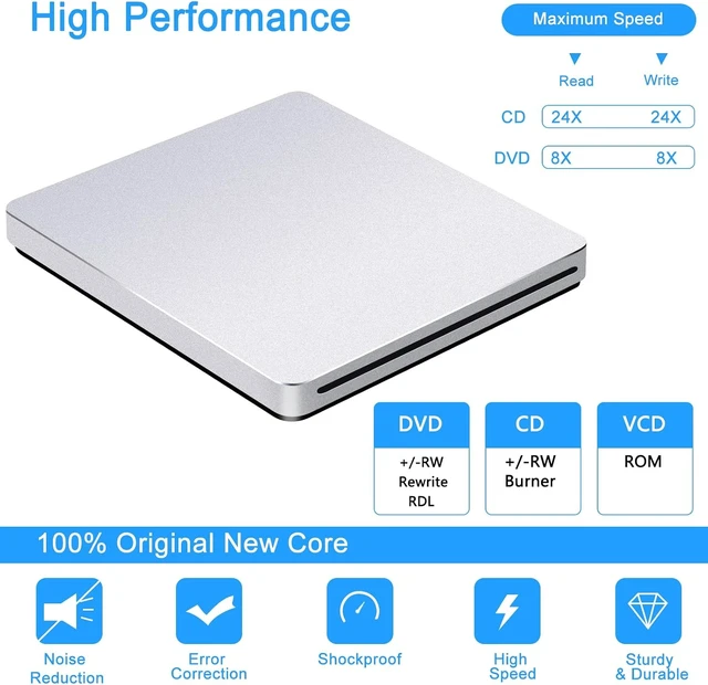 Alt view image 5 of 7 - USB 3.0 External CD/DVD SuperDrive for Mac & MacBook Plug & Play Portable Burner for Laptop/PC/Windows, with USB-C Adapter & Carrying Case, Aluminum Silver