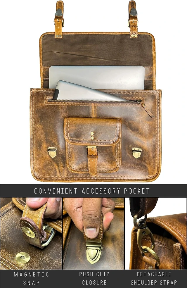 Alt view image 3 of 6 - 16-Inch Leather Messenger Bag for Men Laptop Briefcase & Office Satchel