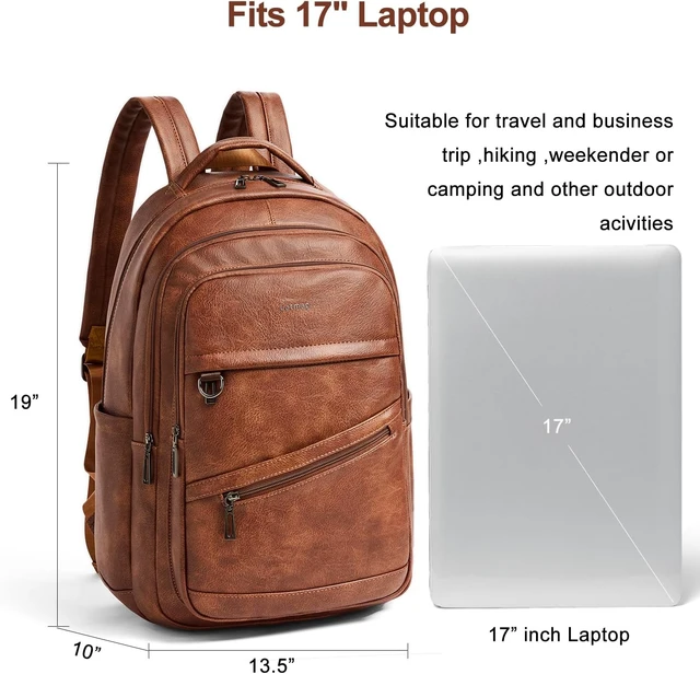 Alt view image 3 of 7 - Vegan Leather Backpack for Women & Men Travel Carry-On Purse, College & Work Bookbag Fits 16.5" Laptop, Brown