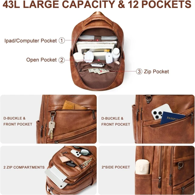 Alt view image 4 of 7 - Vegan Leather Backpack for Women & Men Travel Carry-On Purse, College & Work Bookbag Fits 16.5" Laptop, Brown