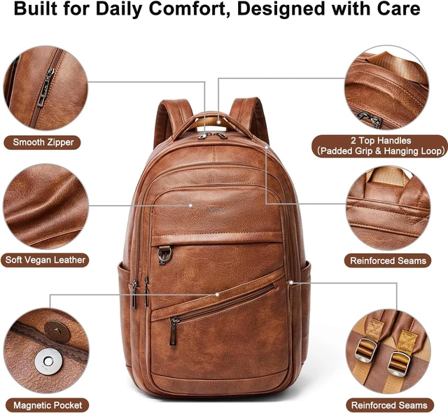 Alt view image 5 of 7 - Vegan Leather Backpack for Women & Men Travel Carry-On Purse, College & Work Bookbag Fits 16.5" Laptop, Brown