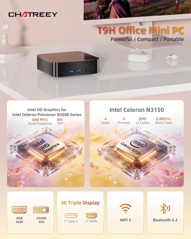 Alt view image 2 of 7 - Mini PC N3150 (4C/4T, 2.08GHz Max) 8GB RAM 256GB SSD, 2×Type-C, 2×2K Display, WiFi 5, BT 4.2, RJ45 LAN, USB 3.0
