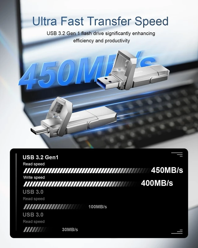 Alt view image 2 of 7 - 256GB USB-C SSD Flash Drive USB 3.2, 450MB/s, 2-in-1 Dual Port