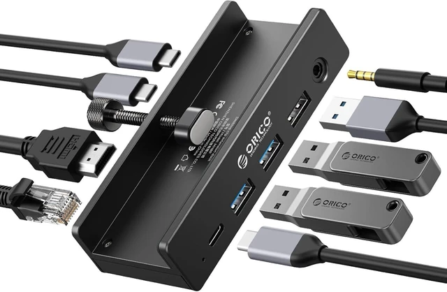 Main image of 8-in-1 Clip Docking Station Clamp USB-C Hub with 4K@60Hz HDMI, 100W PD, Gigabit Ethernet, 4×USB, AUX, 10Gbps, for Laptop, MacBook & PC (Adapter Not Included)