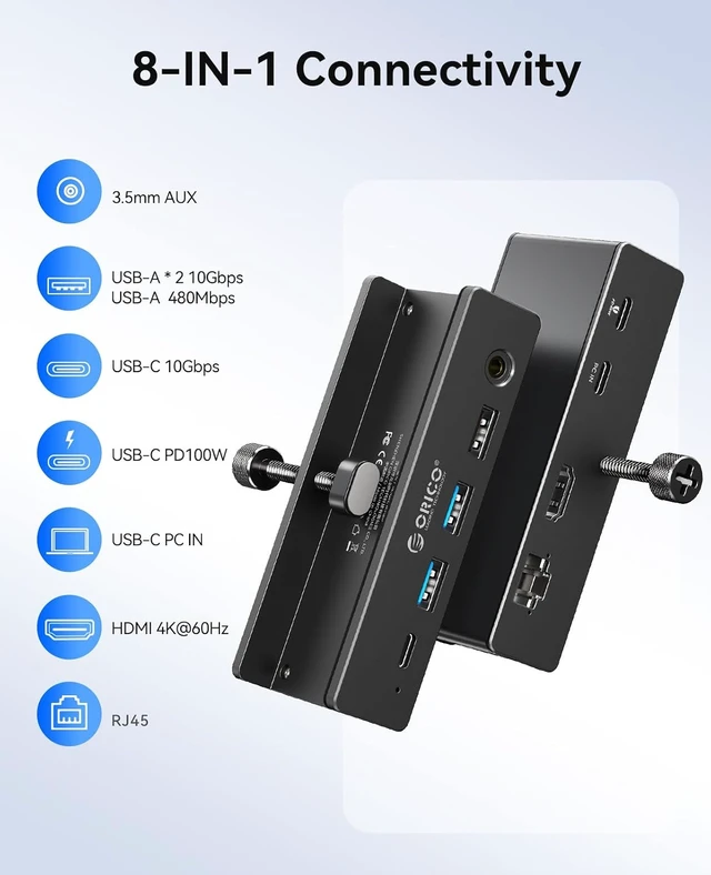 Alt view image 2 of 7 - 8-in-1 Clip Docking Station Clamp USB-C Hub with 4K@60Hz HDMI, 100W PD, Gigabit Ethernet, 4×USB, AUX, 10Gbps, for Laptop, MacBook & PC (Adapter Not Included)