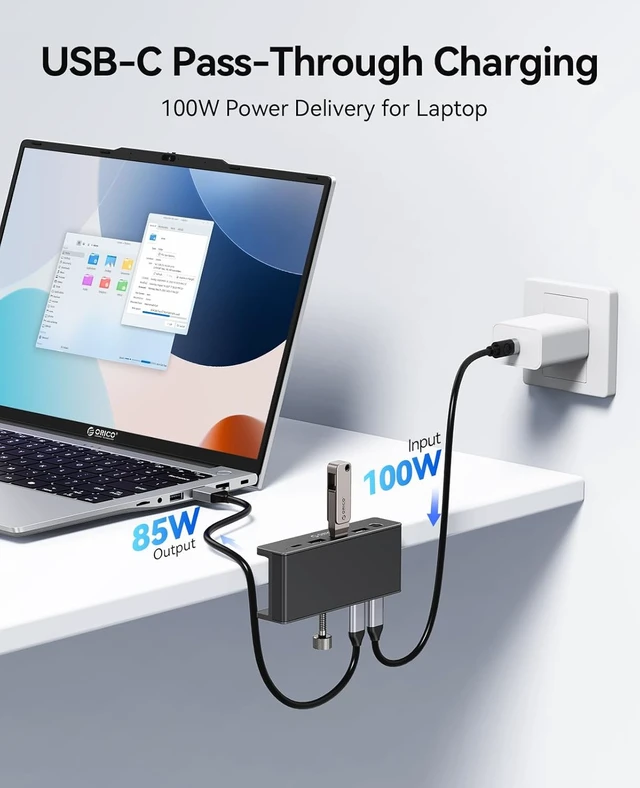 Alt view image 6 of 7 - 8-in-1 Clip Docking Station Clamp USB-C Hub with 4K@60Hz HDMI, 100W PD, Gigabit Ethernet, 4×USB, AUX, 10Gbps, for Laptop, MacBook & PC (Adapter Not Included)