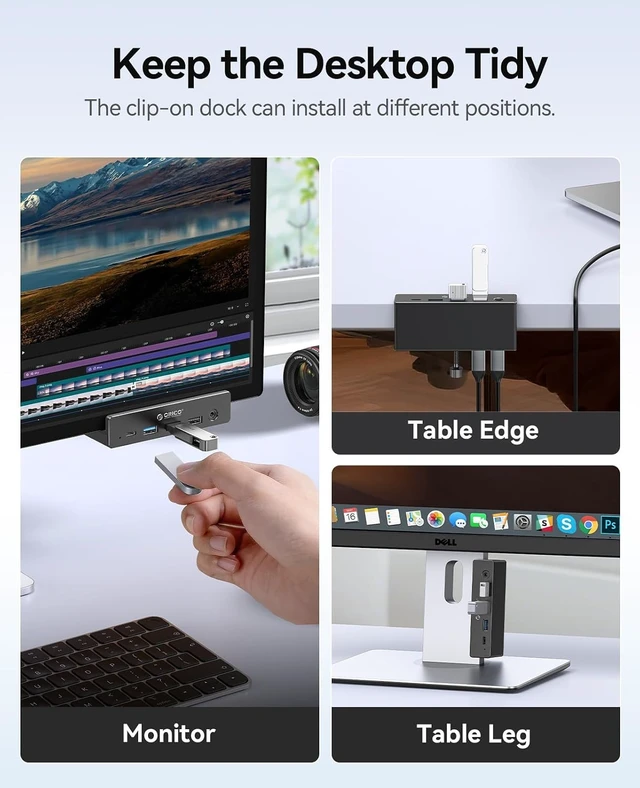 Alt view image 7 of 7 - 8-in-1 Clip Docking Station Clamp USB-C Hub with 4K@60Hz HDMI, 100W PD, Gigabit Ethernet, 4×USB, AUX, 10Gbps, for Laptop, MacBook & PC (Adapter Not Included)