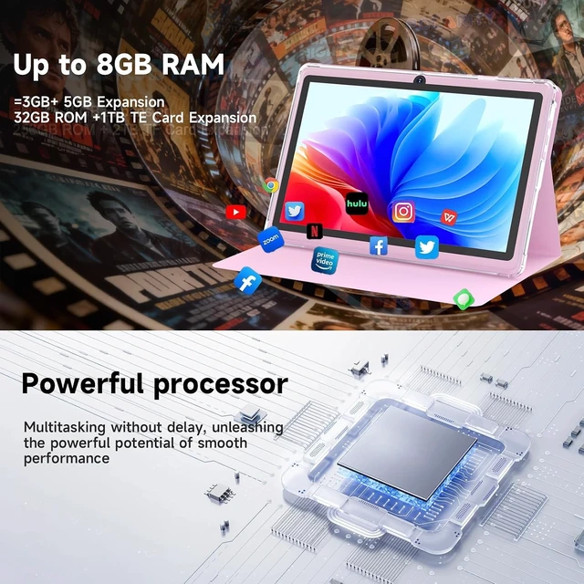 Alt view image 6 of 7 - 7" Android 14.0 Tablet 8GB RAM (3+5 Expand) + 32GB ROM, 1024×600 IPS Display, Dual Camera, 1TB Expand, with Case (Pink)