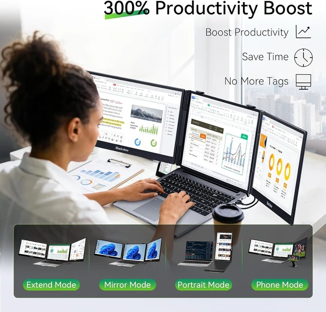 Alt view image 3 of 7 - 14" 1080P FHD IPS Laptop Screen Extender Ultra-Slim Triple Portable Monitor for 13"-17.3" Laptops, USB-C Plug & Play for Windows/Mac/Android/Switch