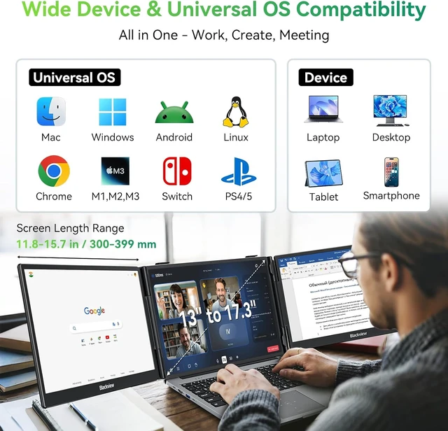 Alt view image 6 of 7 - 14" 1080P FHD IPS Laptop Screen Extender Ultra-Slim Triple Portable Monitor for 13"-17.3" Laptops, USB-C Plug & Play for Windows/Mac/Android/Switch