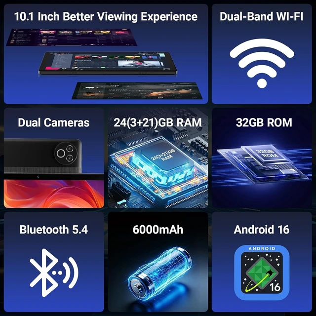 Alt view image 2 of 7 - 10-Inch Android 16 Tablet 24GB RAM, 1TB Expandable, 6000mAh, Widevine L1, Face Unlock, WiFi 6, Bluetooth 5.4, Dual Cameras for Work & Entertainment