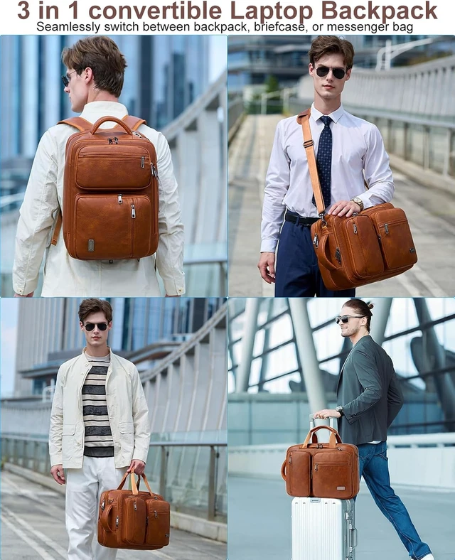 Alt view image 2 of 6 - 3-in-1 Vegan Leather Convertible Laptop Bag for Men & Women Expandable Travel Backpack, Work Briefcase & Messenger Bag