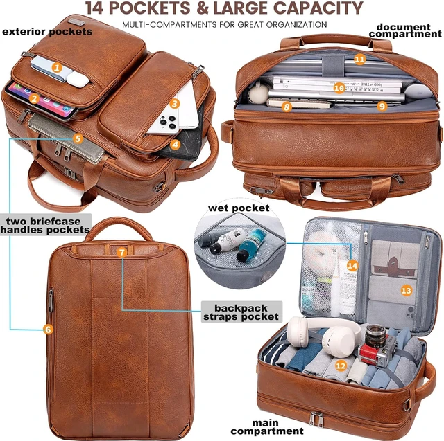 Alt view image 3 of 6 - 3-in-1 Vegan Leather Convertible Laptop Bag for Men & Women Expandable Travel Backpack, Work Briefcase & Messenger Bag