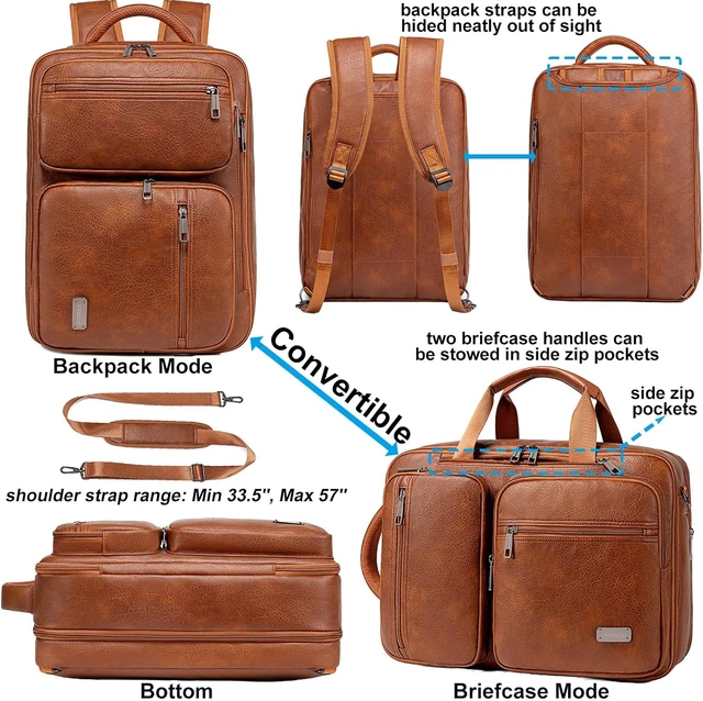 Alt view image 5 of 6 - 3-in-1 Vegan Leather Convertible Laptop Bag for Men & Women Expandable Travel Backpack, Work Briefcase & Messenger Bag